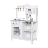 Bucatarie din lemn si mdf pentru copii cuptor cu microunde chiuveta rafturi ustentile pentru gatit 60x30x85 cm alba